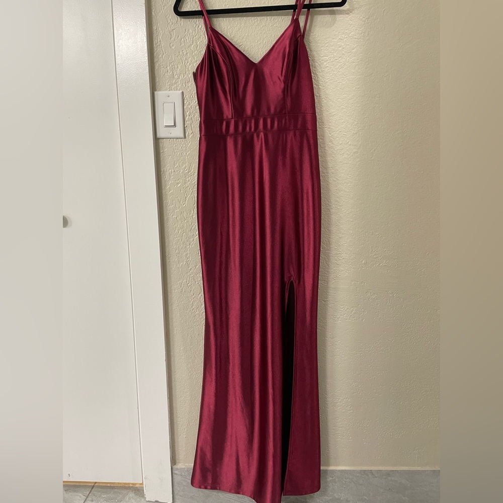 WINE SATIN GOWN WITH LACE BACK AND FRONT SLIT